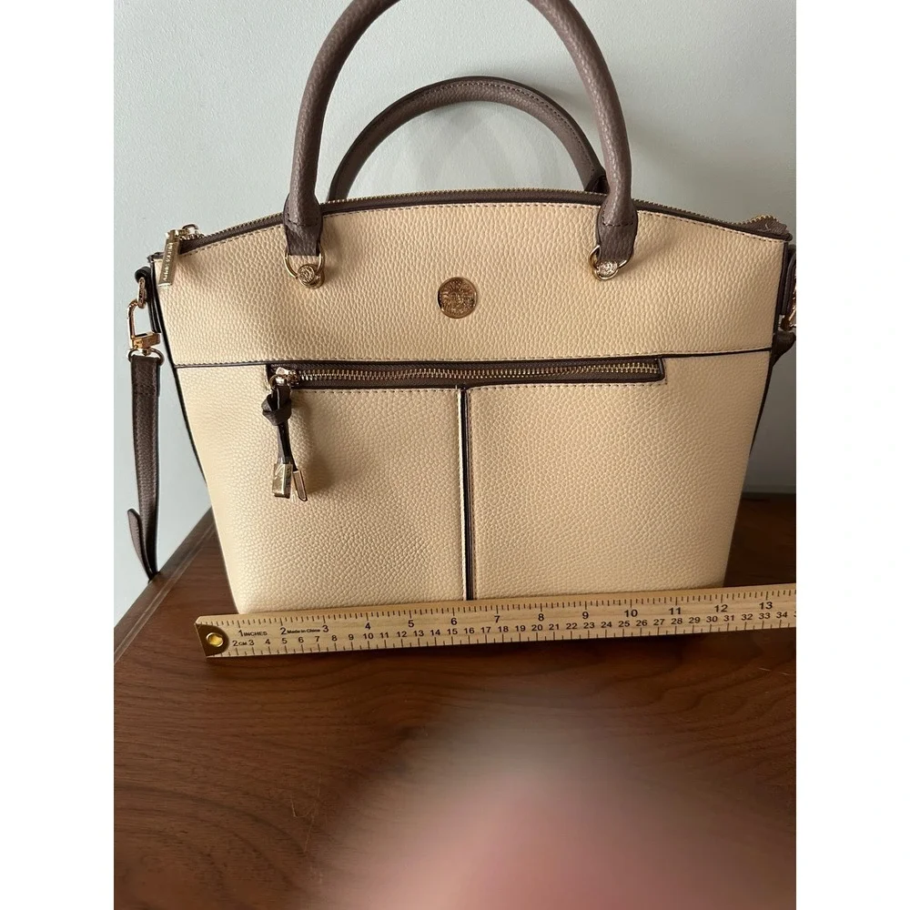 Anne Klein Two Tone Pebbled Satchel Crossbody Bag Beige Taupe Gold Tone NWOT